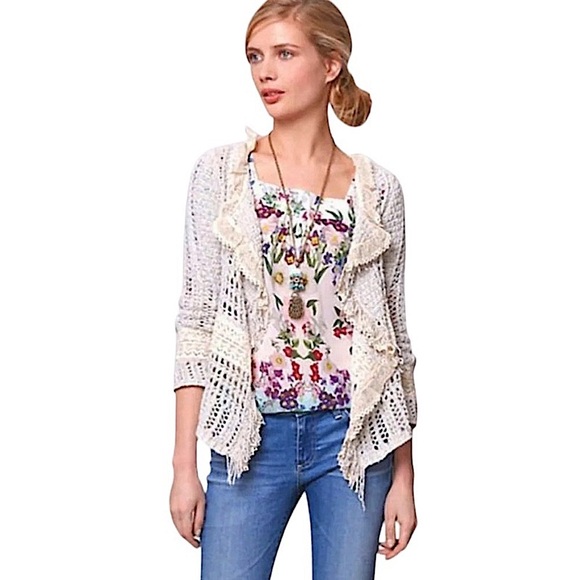 $148 Anthropologie Salt + Pepper Fringe Cardigan Small Open Work + Lace Sweater - Picture 1 of 15